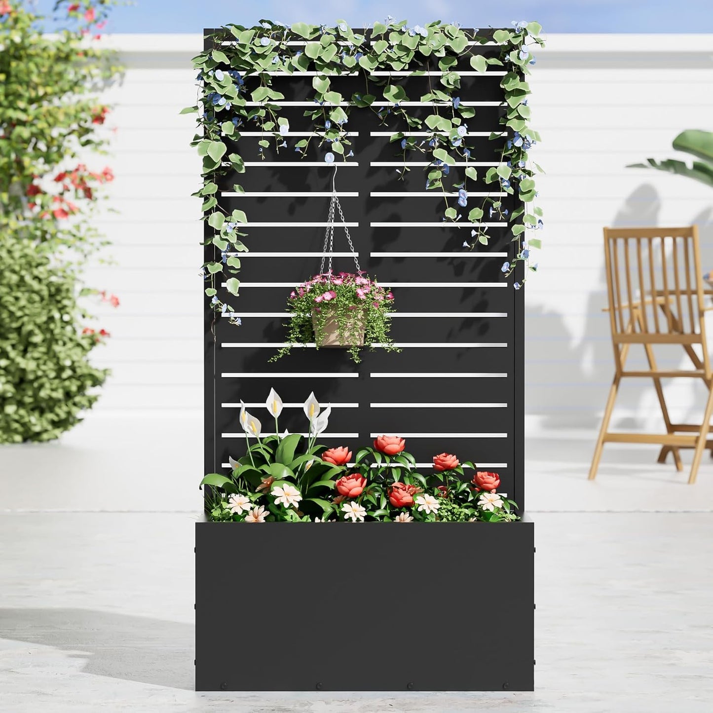 Casaphoria Metal Raised Garden Bed, 47"x24"x12" Planter Box for Climbing Plants, Vegetables & Vines, Features Drainage Holes and Privacy Screen (Black-Louvered)