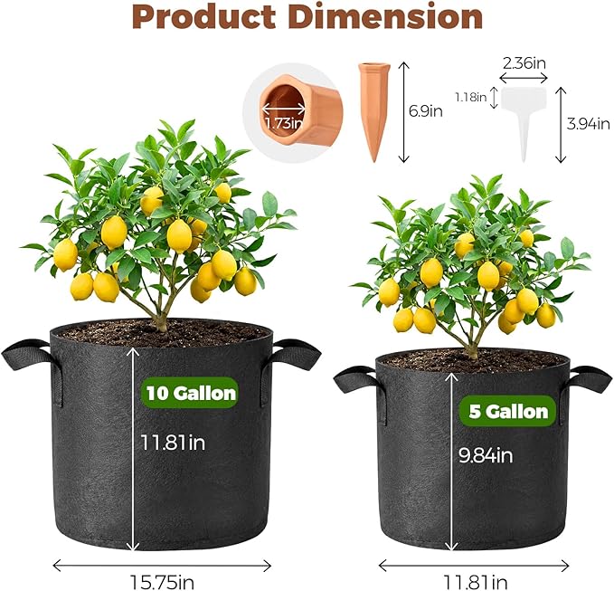5-Pack 5 Gallon Grow Bags for Potato Tomatoes Vegetables, 5 Pack Terracotta Plant Self-Watering Stakes Spike for Outdoor Indoor Plants, 300g Heavy Duty Thickened Nonwoven Fabric Cloth Pot Planting Bag