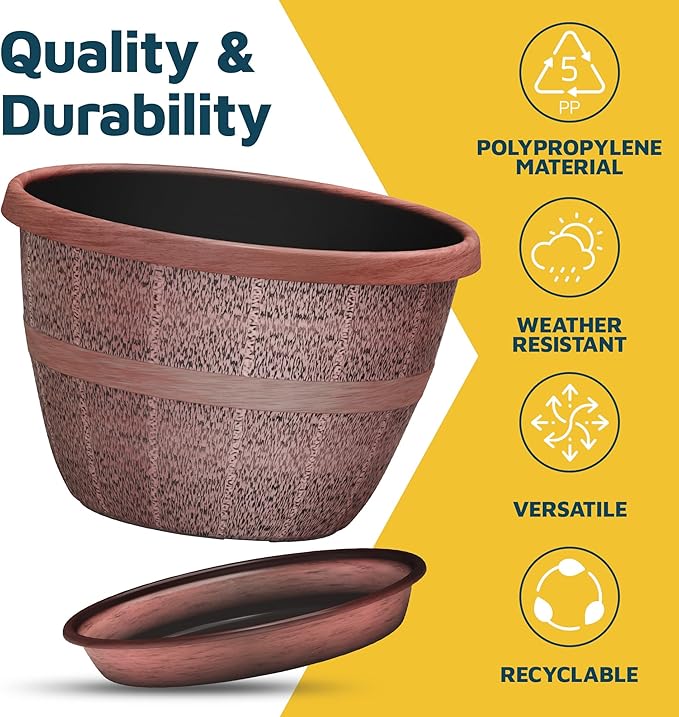 10-Inch Whiskey Barrel Planters Outdoor Pack of 20 - Durable Plastic Plant Pots for Indoor & Outdoor Use with Drainage & Saucer, Lightweight Rustic Barrel Planters for Flowers, Herbs & Small Plants
