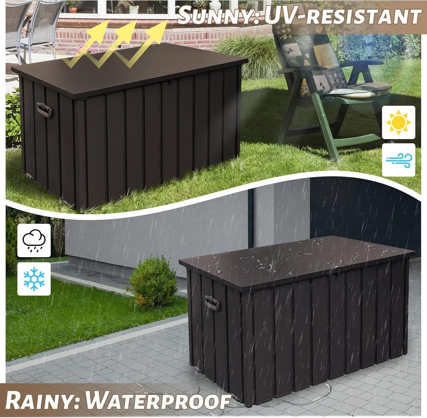 Outdoor Storage Box, 120 Gallon Metal Deck Box Waterproof, Outside Steel Storage Lockable Cabinet, Indoor Storage Bin Container for Patio/Poolside/Backyard Cushions, Pillow- Brown