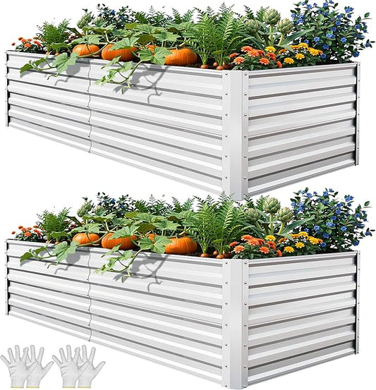 YITAHOME 6x3x2ft 2pcs Large Raised Garden Bed Kit, Galvanized Metal Planter Box with Gloves, Ground Nails, Support Rod, Outdoor Above Ground Planters for Plants Vegetables Flowers, Silver