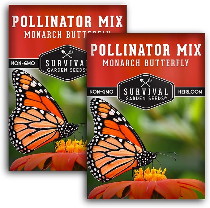 Pollinator Seed Mixture to Attract Monarch Butterflies, Bees & Pollinators - 2 Packets - Milkweed, Garden Flower, & Wildflower Mix for Planting - Support Conservation Efforts - Survival Garden Seeds