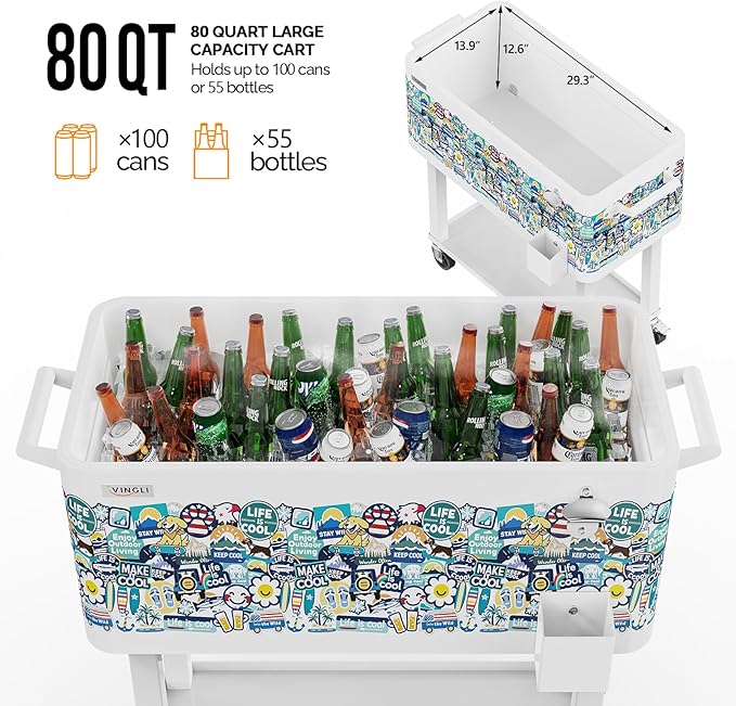 VINGLI 80 Quart Rolling Ice Chest, Portable Patio Party Bar Drink Cooler Cart, with Shelf, Beverage Pool with Bottle Opener