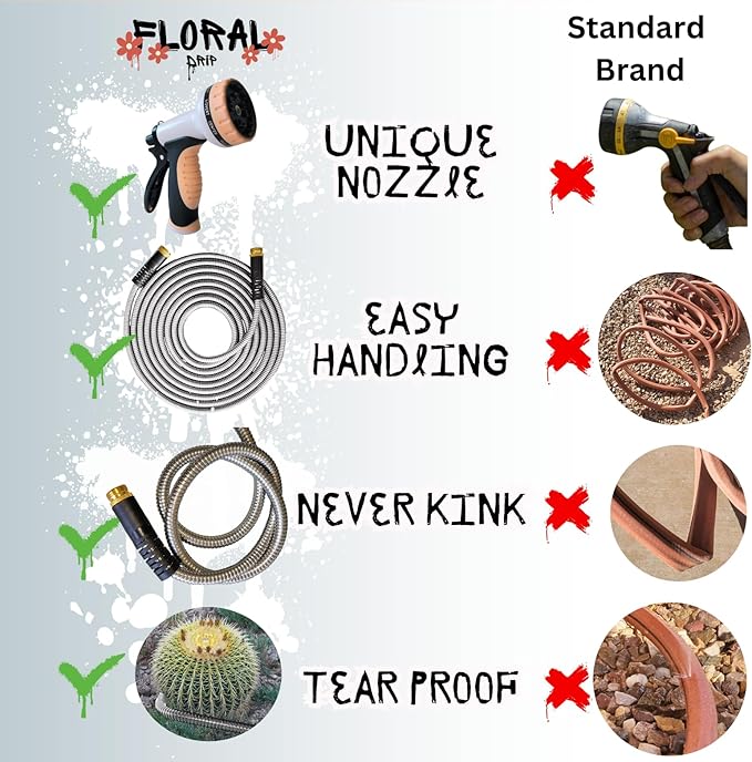 Garden Hose 100 FT, Metal Stainless Steel Water Hose with 10 Function Nozzles, No Kinks, Flexible Hose, Lightweight, Puncture Proof, Heavy Duty Hose for Yard and Outdoor
