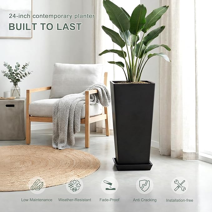 24" Set of 2 Tall Black Planters for Outdoor Plants, Large Flower Pots Planters with Drainage Holes & Tray, Modern Indoor Tapered Planter for Front Porch