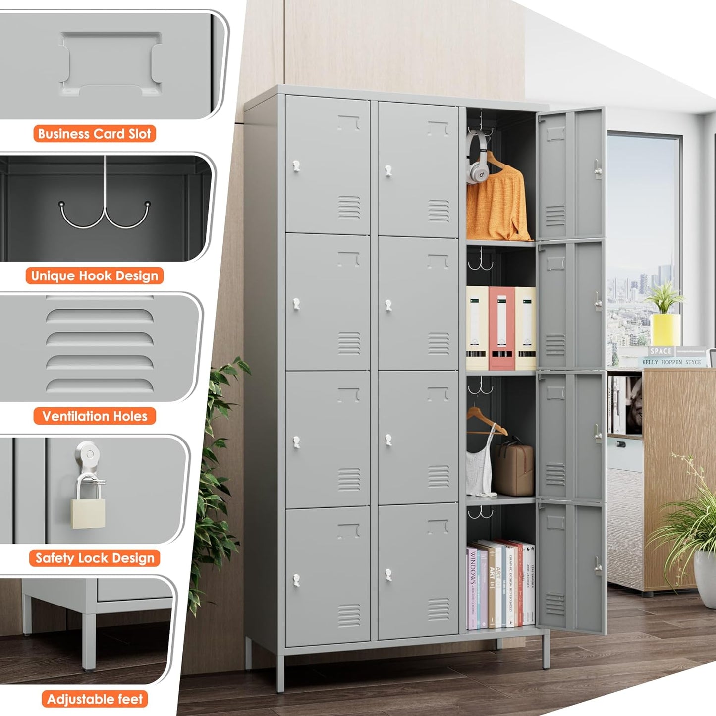 12 Doors Employee Lockers,Metal Storage Lockers for Employees with 12 Hooks for Offices School Gyms Home,Assembly Required,Light Gray