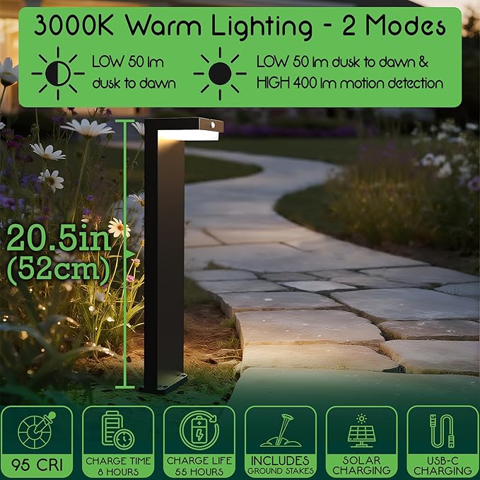 Solar Pathway Lights - Walkway Solar Lights for Outside - PIR Sensor & Two Lighting Modes - Rechargeable Battery Lasts Up To 55 Hours - 3000K - IP44 Weather Resistant - 4 Pack - 20.5" Height