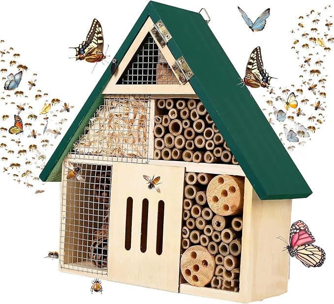 Bee House Hanging Insect Hotel – Natural Wooden Bee Hotel for Outdoors, DIY Insect Shelter for Garden, Yard, or Balcony – Attracts Pollinators Like Bees, Butterflies & Ladybugs