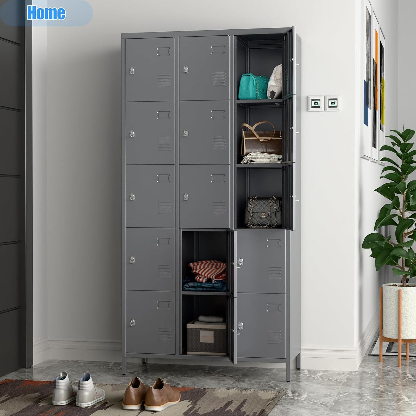 15 Doors Metal Lockers for Employees with Lock,Metal Locker with Card Holder for School Garage Office Gym Bedroom,Assembly Required,15 Door Dark Grey