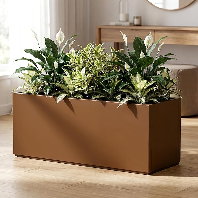 Metal Outdoor Planter Box, Rectangular Large Planters for Outdoor Plants with Drainage Holes for Patio, All-Weather Use, Rust-Resistance (38" L x 15" W x 16" H, Brown)