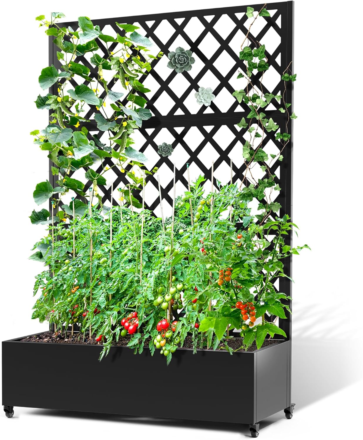Metal Planter Box with Trellis & Wheels, Raised Garden Bed with Privacy Screen, Outdoor Standing Flower Beds with Drainage Hole for Climbing Plants, Vine, 47.2''L×15.7''W×70.9''H, Black