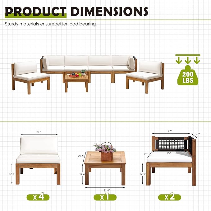 Greesum 7 Pieces Small Patio Sofa, Acacia Wood Frame, Padded Patio Conversation and Chairs Set for Garden, Backyard, Poolside, Beige