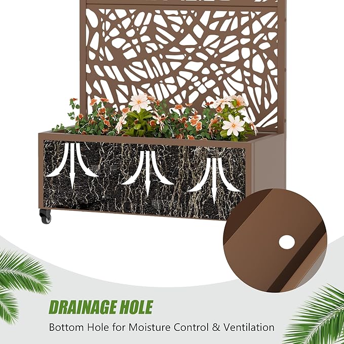 Casaphoria Metal Raised Garden Bed with Trellis and Wheels, 72"x35"x16" Planter Box for Climbing Plants, Vegetables & Vines, Features Drainage Holes and Privacy Screen, Brown-Net