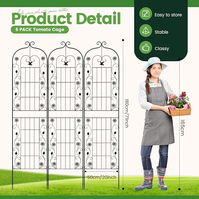 Blulu 6 Pack 71x20in Rose Trellis for Climbing Plants Outdoor, Heavy Duty Large Metal Garden Trellises with Decorative Rustproof Black Scroll Design for Vines, Flower Beds, Vegetables, Fencing