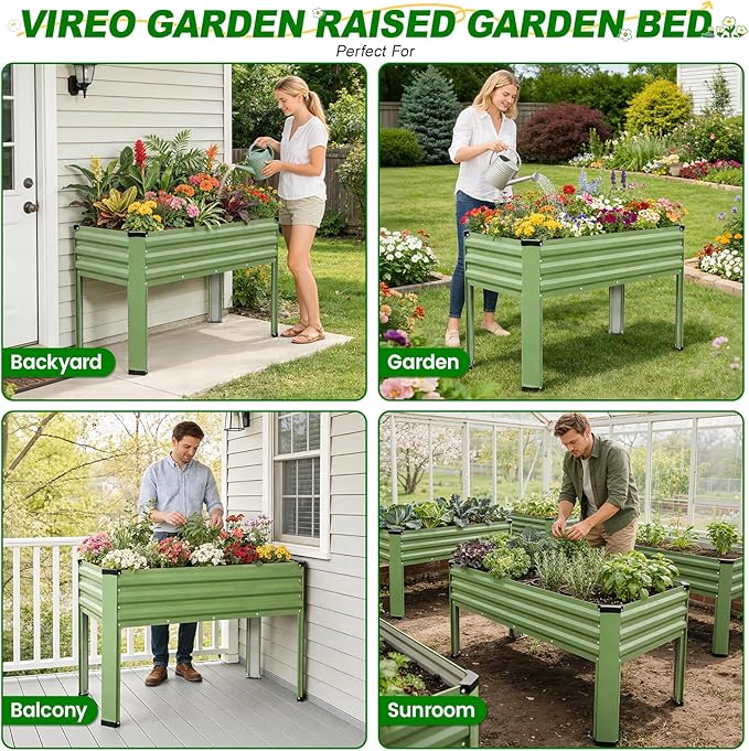 Galvanized Raised Garden Bed with Legs 2Pack, 48x24x32in Elevated Raised Garden Bed Outdoor with Drainage Holes, Planter Boxes for Gardening Vegetable Flower in Backyard, Patio, Balcony (OliveGreen)