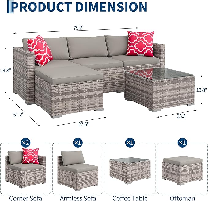 GAOMON 5-Piece All-Weather Patio Furniture Set, Convertible Outdoor Sectional Sofa with Ottoman & Tempered Glass Table, PE Rattan Conversation Set for Garden, Backyard, Porch, Poolside