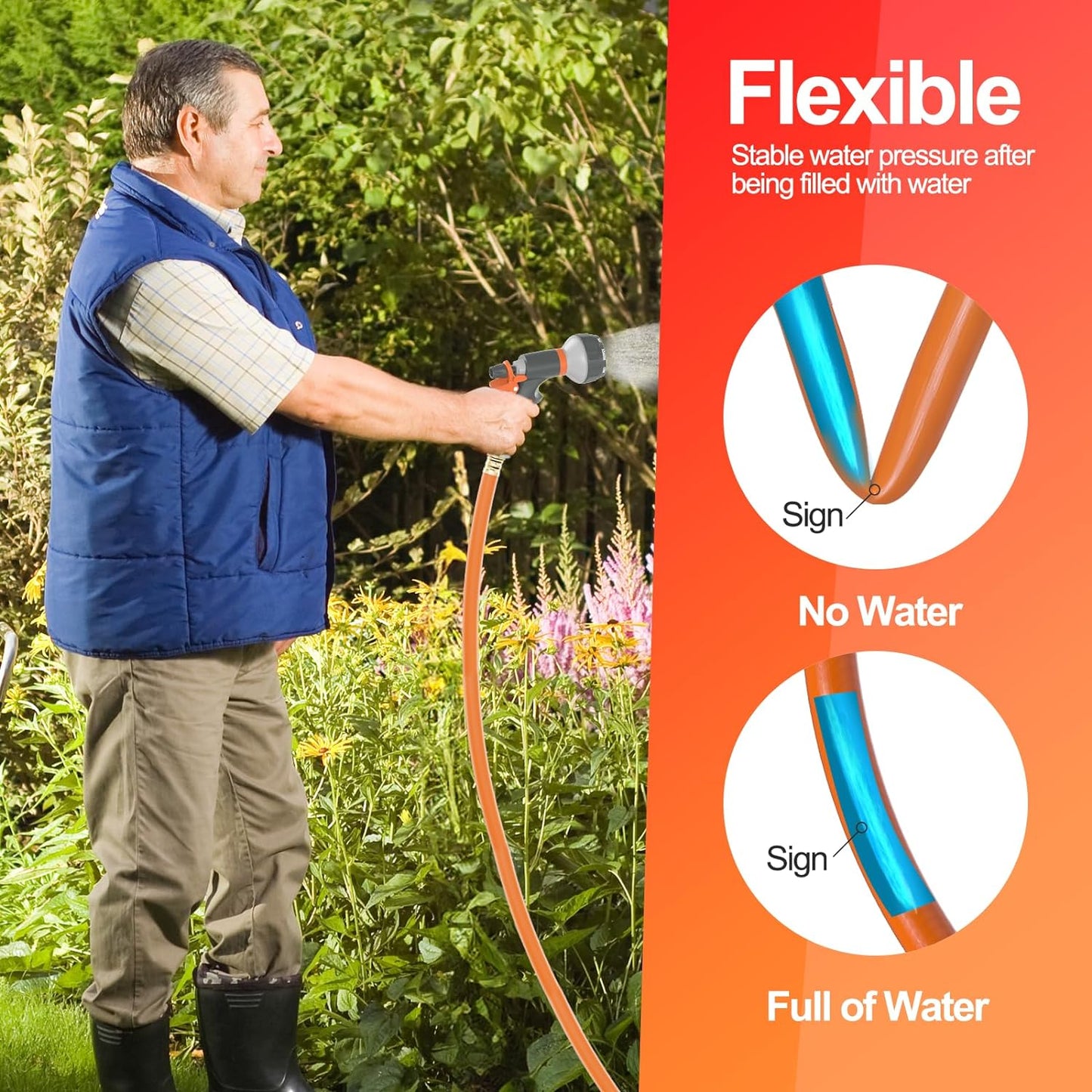Garden Water Hose 75 ft x 3/4 in Heavy Duty, Flexible and Lightweight, Burst 600 psi, Kink-less Hybrid Rubber Pipe for Backyard, 3/4'' Brass Fittings, Orange