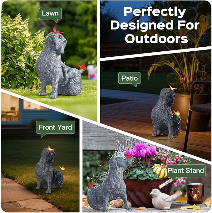 DyBaxa Garden Décor, Garden Statues, Gifts for Women, Mom, Grandma, Patio, Balcony, Yard Decorations Outdoor - Unique Solar Decor Birthday & Housewarming Gifts, Dog Statue with Butterfly Light