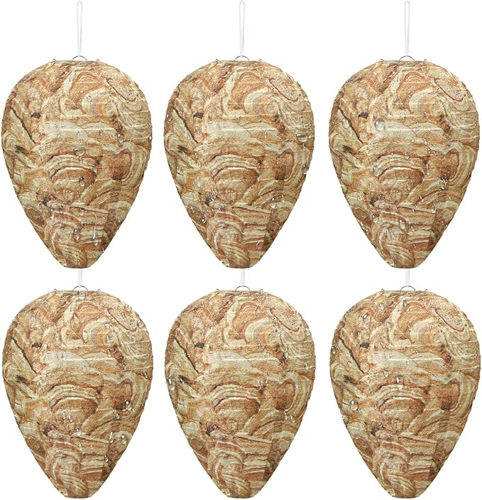 DECYOOL 6 Pack Wasp Nest Decoy Hanging Wasp for Wasps Hornets Yellow Jackets Outdoor Water-Repellent Material (Brown)