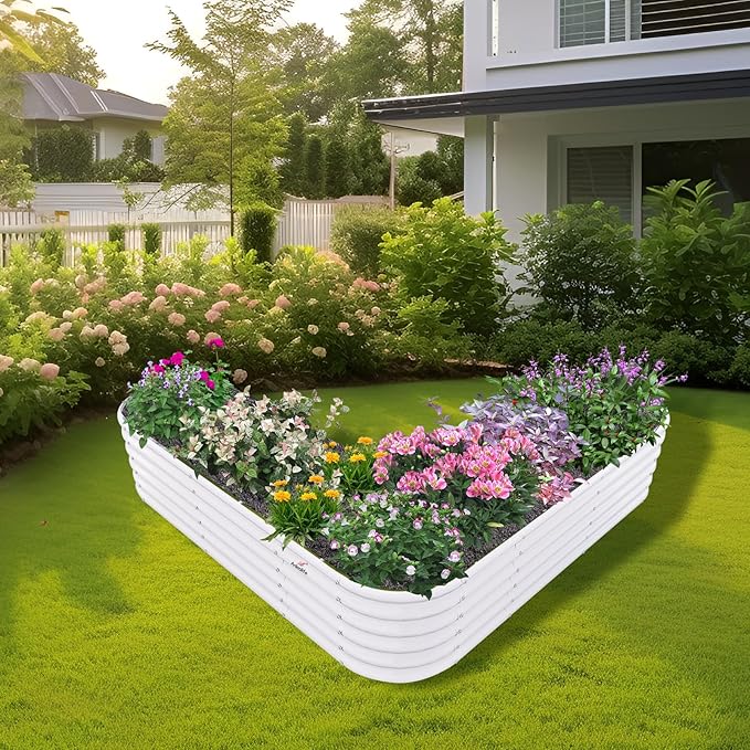 A ANLEOLIFE Heart-Shaped Galvanized Raised Garden Beds Outdoor,81x81x18in Large Metal Planter Box for Planting Vegetables Flowers Herb, Anti-Rust & Easy-Setup, Antique White
