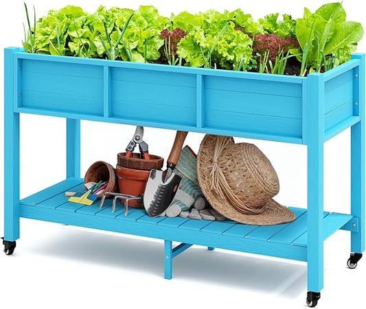 DWVO 47x18x31in Raised Garden Bed HDPE, Weather-Resistant Poly Wood Planter Box Stand, Planter Box with Legs, Storage Shelf & Lockable Wheels, Elevated Garden Bed for Backyard Patio - Aruba Blue