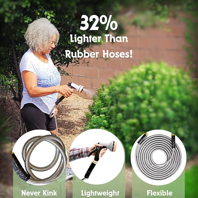 Garden Hose 100 FT, Metal Stainless Steel Water Hose with 10 Function Nozzles, No Kinks, Flexible Hose, Lightweight, Puncture Proof, Heavy Duty Hose for Yard and Outdoor