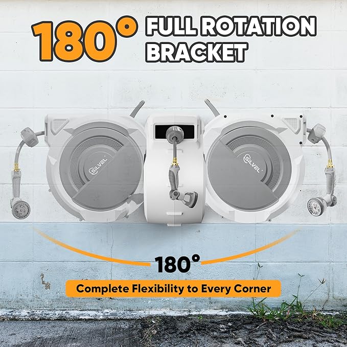 Retractable Garden Hose Reel, 1/2" x 150FT Heavy Duty Auto Hose Reel Wall Mounted, Upgraded UV Resistant with 10 Pattern Nozzle, Any Length Lock & Slow Return System,180°Swivel Bracket,Light Grey