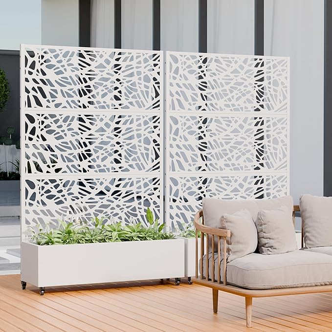 Casaphoria Metal Raised Garden Bed with Trellis and Wheels, 72"x47"x16" Arched Planter Box for Climbing Plants, Vegetables & Vines, Features Drainage Holes and Privacy Screen, White-Net