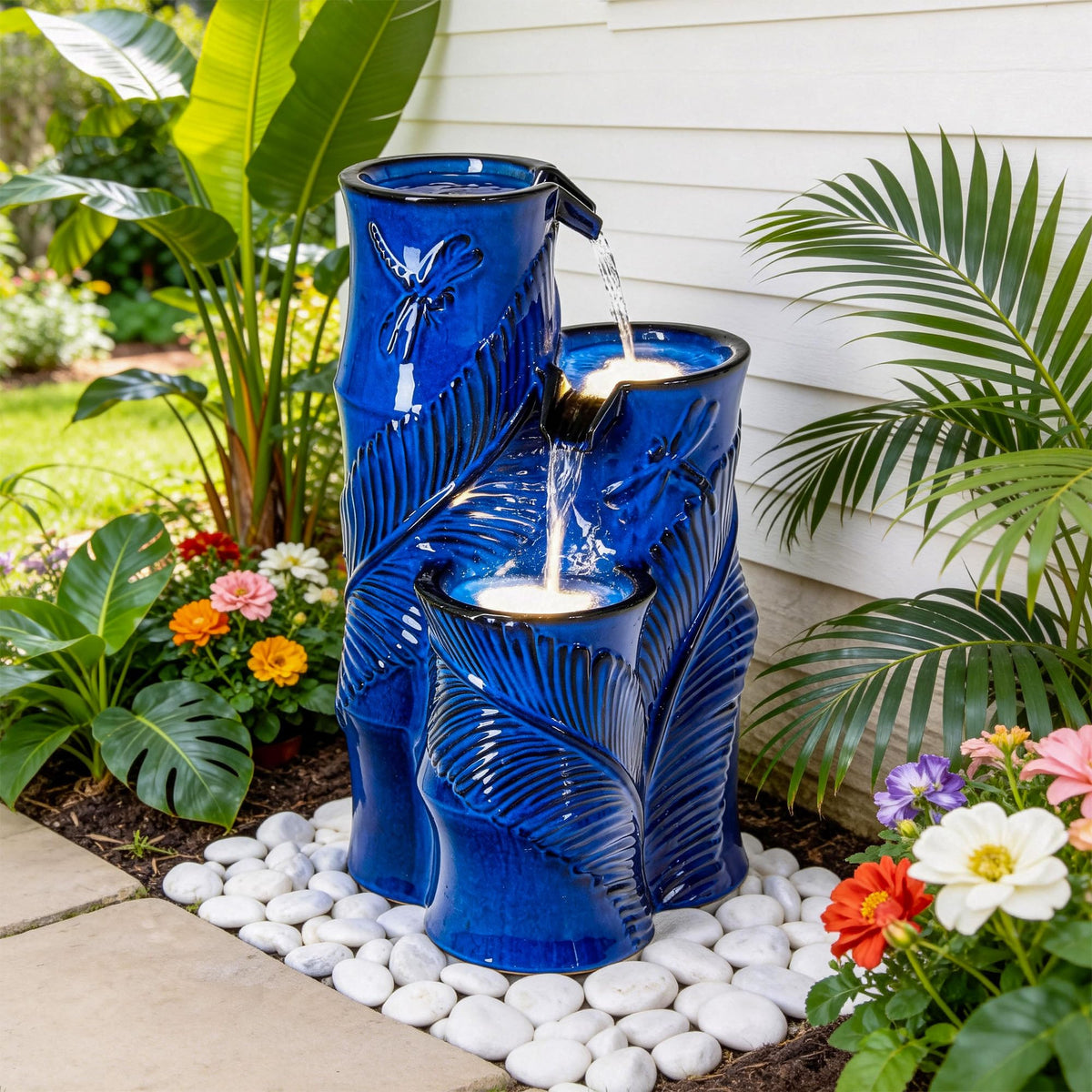 Autodaya 25" Tropical Outdoor Fountain (25.5"h Bamboo-style Cobalt Blue)