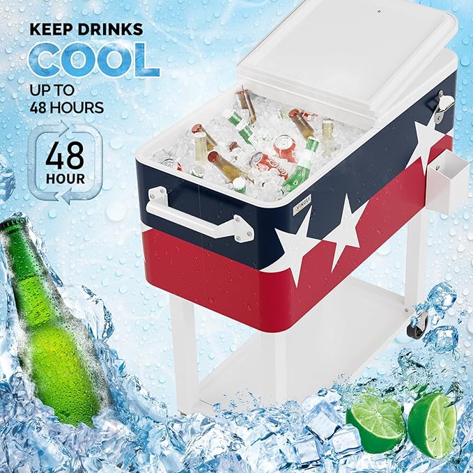 VINGLI 80 Quart Rolling Ice Chest, Portable Patio Party Bar Drink Cooler Cart, with Shelf, Beverage Pool with Bottle Opener