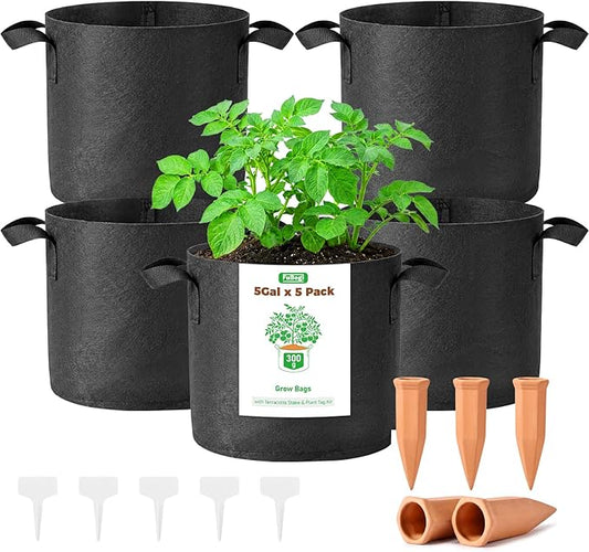 5-Pack 5 Gallon Grow Bags for Potato Tomatoes Vegetables, 5 Pack Terracotta Plant Self-Watering Stakes Spike for Outdoor Indoor Plants, 300g Heavy Duty Thickened Nonwoven Fabric Cloth Pot Planting Bag