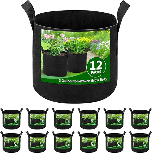 12 Pack 3 Gallon Grow Bags, Heavy Duty 300g Nonwoven Fabric Plant Pots with Reinforced Handles, Breathable Potato & Tomato Grow Bags for Vegetables, Peppers, Herbs - Black