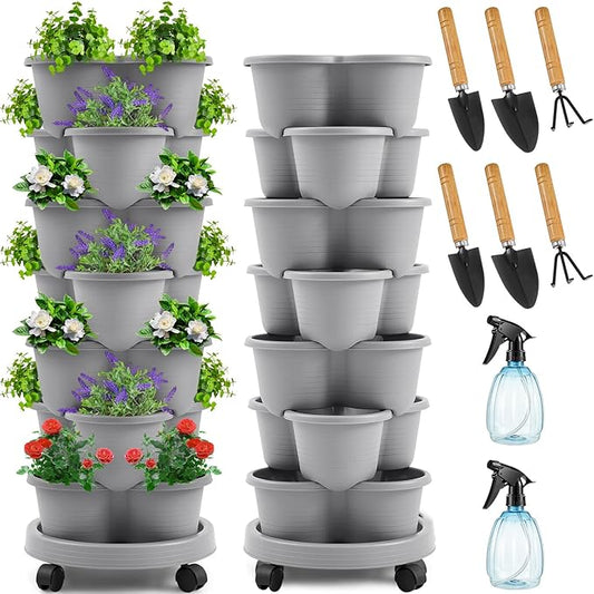 Umigy 2 Set Light Gray 7 Tier Stackable Vertical Planters with Removable Wheels and Tools Tower Planters Strawberry Herb Flower Vegetable Pots Indoor Outdoor Gardening Pots
