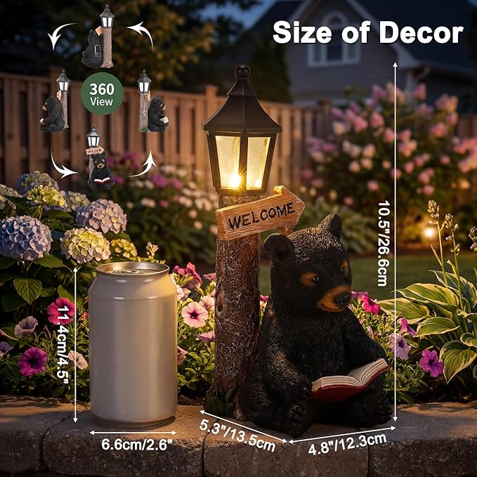 Lyeasw Garden Statues Bears, Solar Reading Bear Statue with Welcome Sign Decor, Bear Figurine Lights for Outside, Patio, Lawn, Garden Decor Birthday Housewarming for Women, Mom