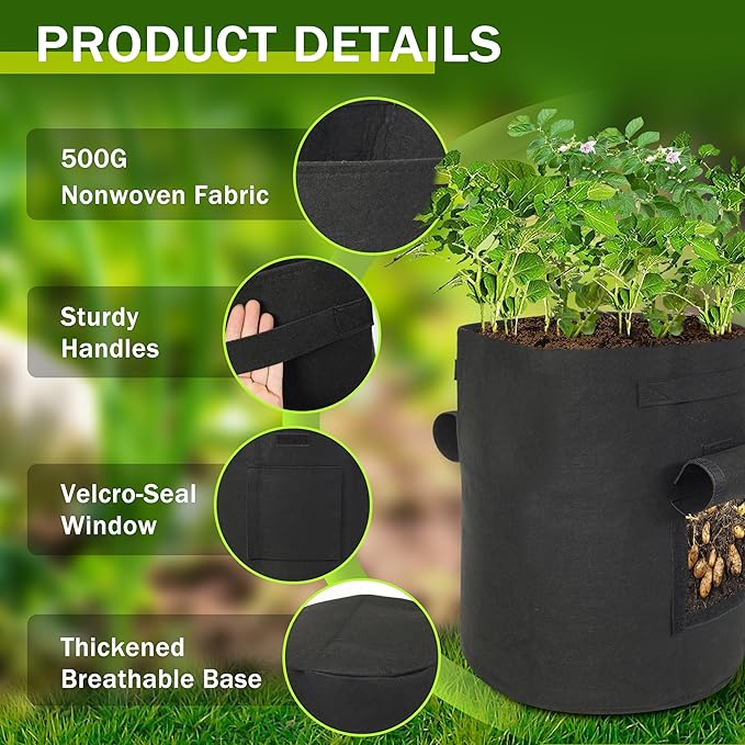 Potato Grow Bags, 2-Pack 15-Gallon Grow Bags with 2 Flaps and Reinforced Handles, Heavy-Duty Thickened 500G Aeration Fabric Pots for Potatoes, Tomatoes, Flowers, and Vegetables