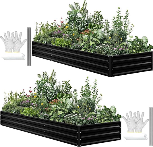 DWVO 2pcs 12 x 4 x 1 FT Raised Garden Bed Kit, Outdoor Galvanized Flower Bed with Safety Rubber and Gloves, Large Metal Planter Box for Vegetables, Flowers, Herbs, Fruits, Black