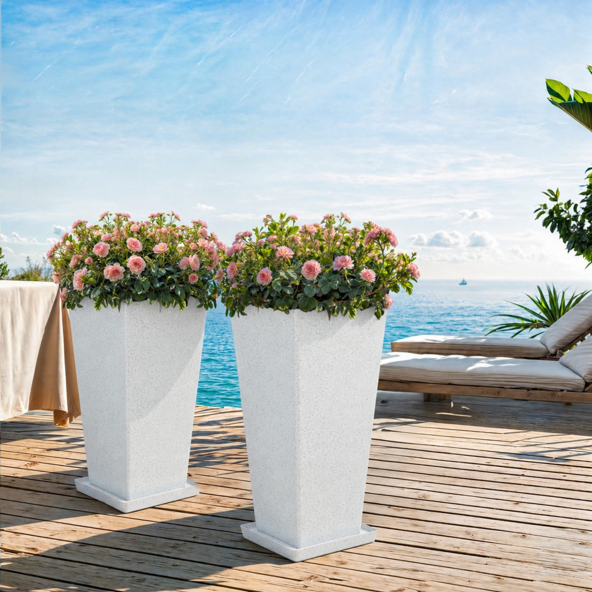 Autodaya 28" Plant Pots Tall Planters for Outdoor Plants Set of 2 with Tray (Tall Terrazzo White-28")