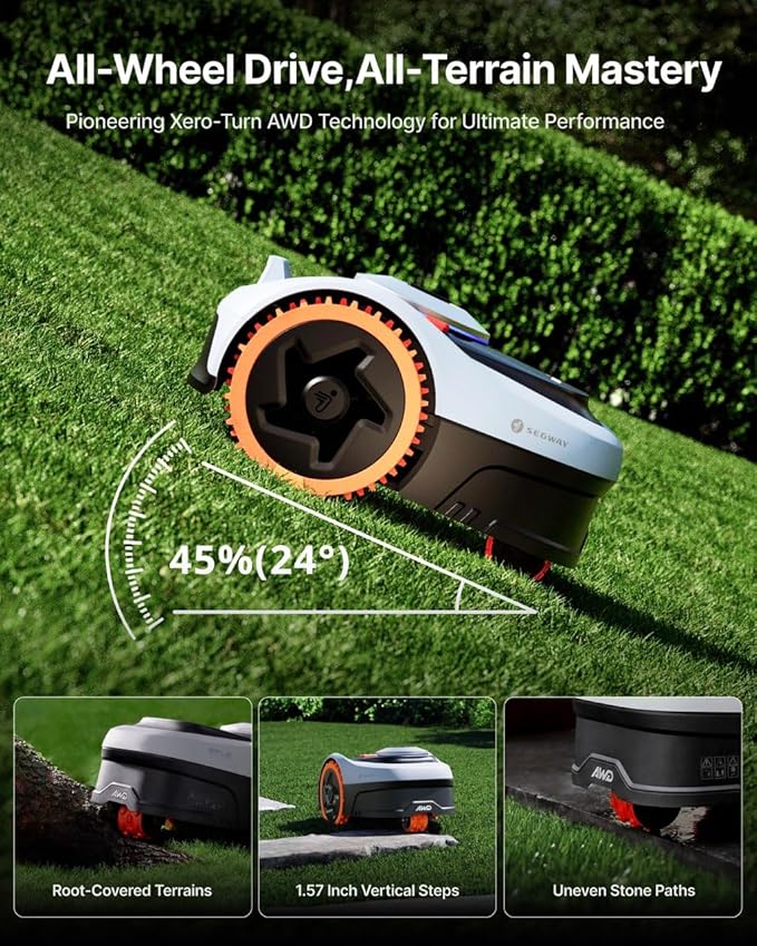 Segway Navimow i206 AWD Robot Lawn Mower Wire Free Robotic Lawn Mower with All-Wheel Drive for 45% Slopes, EFLS NRTK + Vision, Auto Mapping, 2.55Ah Battery, Covers 0.15 Acre