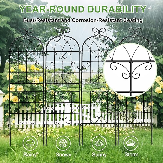 Lorenzo 4 Pcs 70 x 19.7 inch Metal Garden Trellis for Climbing Plants, Black Metal Coating Rustproof, Perfect for Supporting Climbing Plants Outdoor