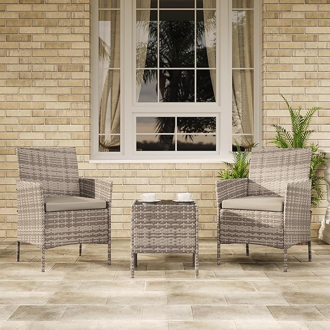 GAOMON 3-Piece Patio Furniture Set, Modern PE Rattan Conversation Set with 2 Chairs & Tempered Glass Coffee Table, All-Weather Outdoor Seating for Garden, Porch, Balcony, Poolside, Grey/Light Grey
