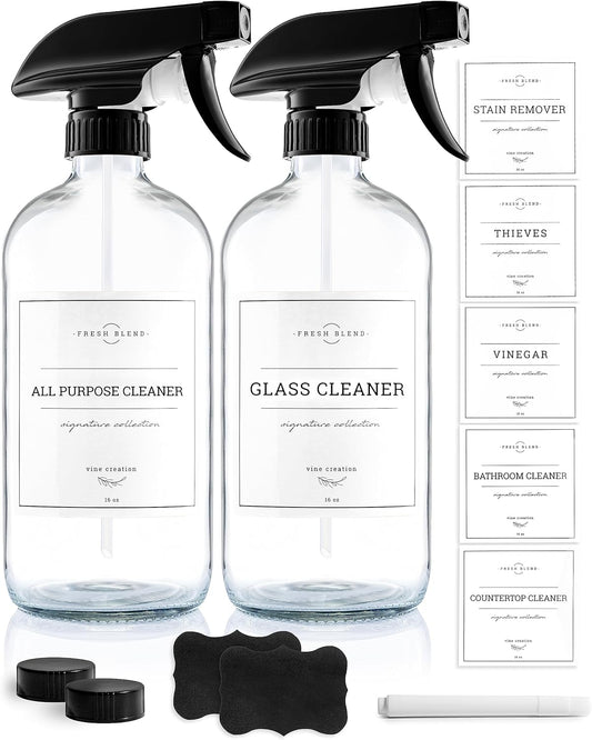 Vine Creations Glass Spray Bottles, 2 Pack Refillable Spray Bottles for Cleaning Solutions, Plant Misters, Clear Glass Spray Bottle for hair, 16 oz Mister Spray Bottle with Waterproof Labels