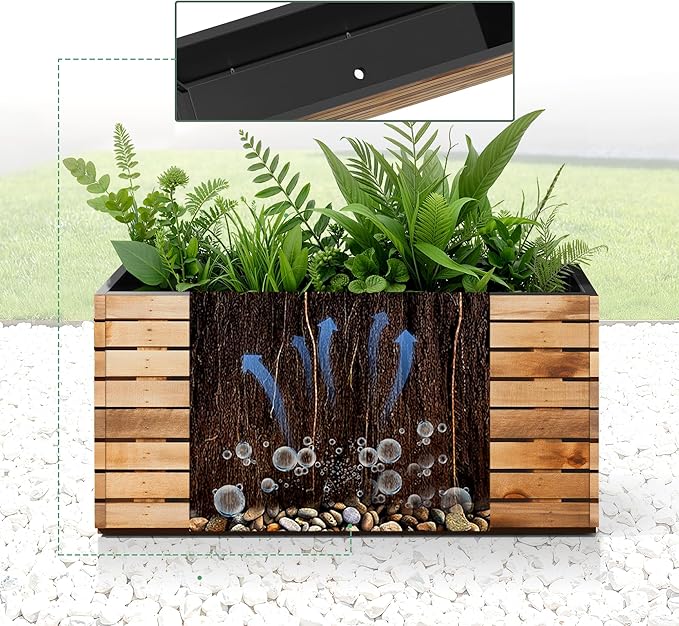 Rectangular Planters for Outdoor Plants, Large Planter Box with Drainage Holes, Metal Balck Palnters for Patio, Garden (32" L x 15" W x 16" H, Walnut Wood Grain)