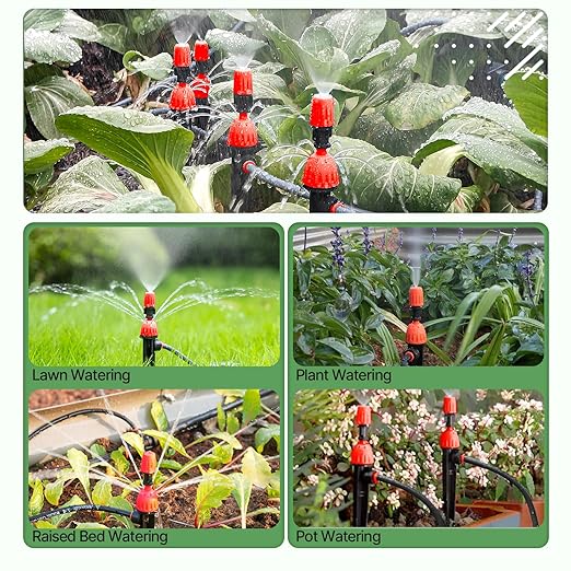 A ANLEOLIFE 82.4FT Automatic Drip Irrigation Kit with Water Timer, 8 Programs & LCD, Quick-Connect System, 1/2" Mainline + 1/4" Tubing, 360° Bendable Nozzles for Raised Beds, Garden & Greenhouse