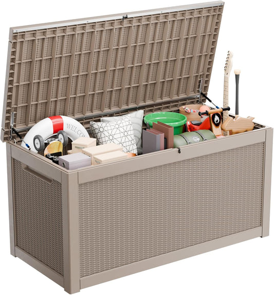 260 Gallon Waterproof Outdoor Storage Box,Large Resin Deck Box,Lockable Outside Storage Box Container for Patio Furniure,Garden,Tools (260 Gallon,Grey)