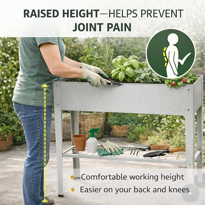 InSideOut Elevated 40" Raised Garden Bed Outdoor with Wheels & Shelf for Mobility, Metal Planter Box for Vegetables/Herbs, Patio-Balcony-Backyard (White)