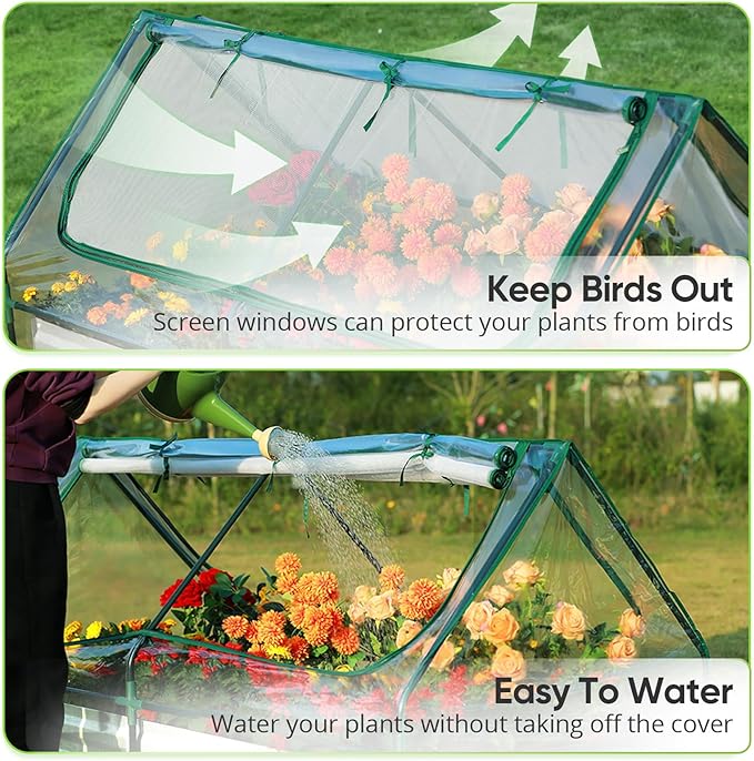 Quictent Raised Garden Bed with Cover Outdoor Galvanized Metal Planter Box Kit, w/ 2 Large Screen Windows Mini Greenhouse 20pcs T Tags 1 Pair of Gloves Included for Growing Vegetables 6x3x1ft (Clear)