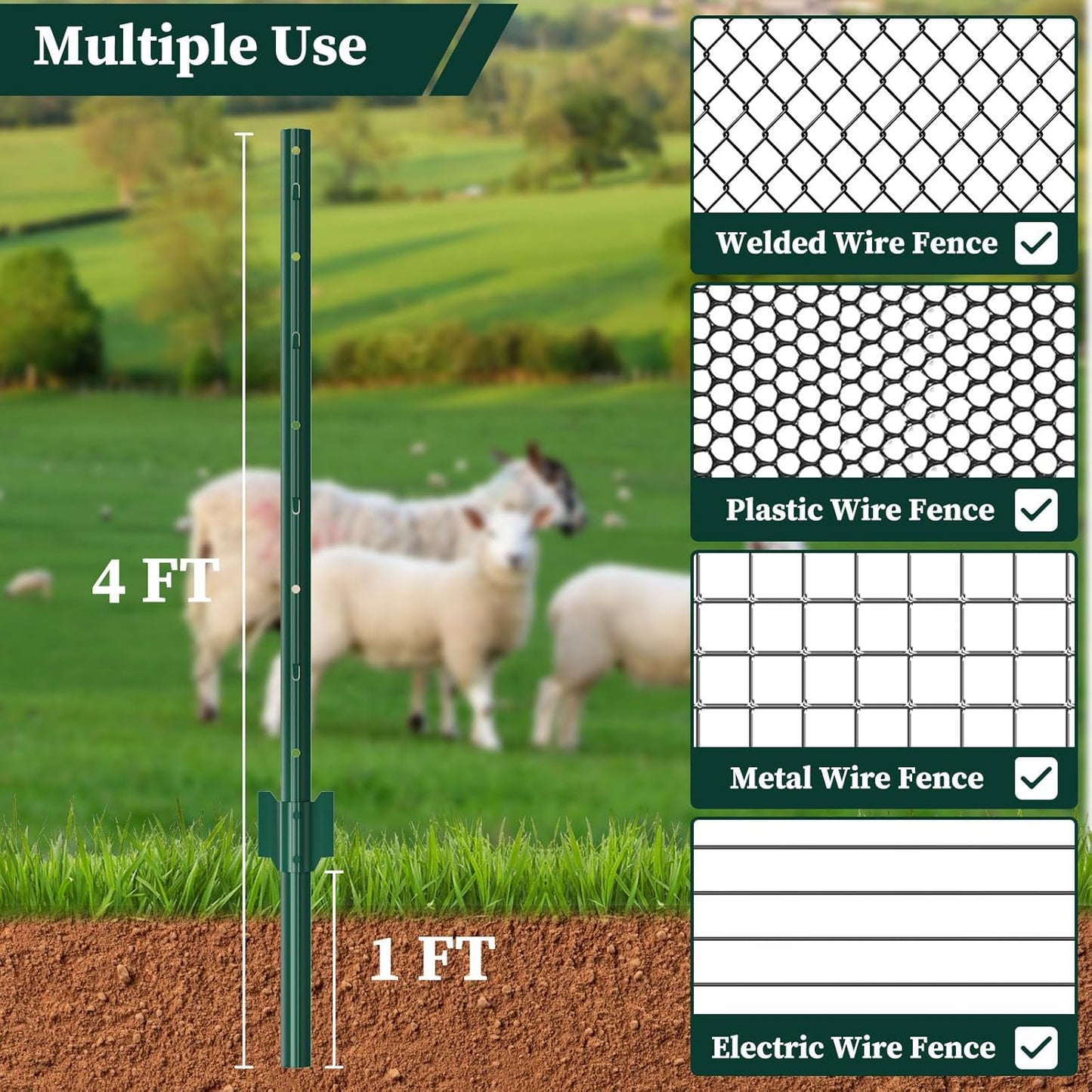 10 Pack Garden Fence Post, 4 Feet Heavy Duty Metal U-Post for Wire Fence, No Dig Garden Fence Stakes for Temporary Fencing, Electric Fence Wire, Corner Anchor, and More-Green