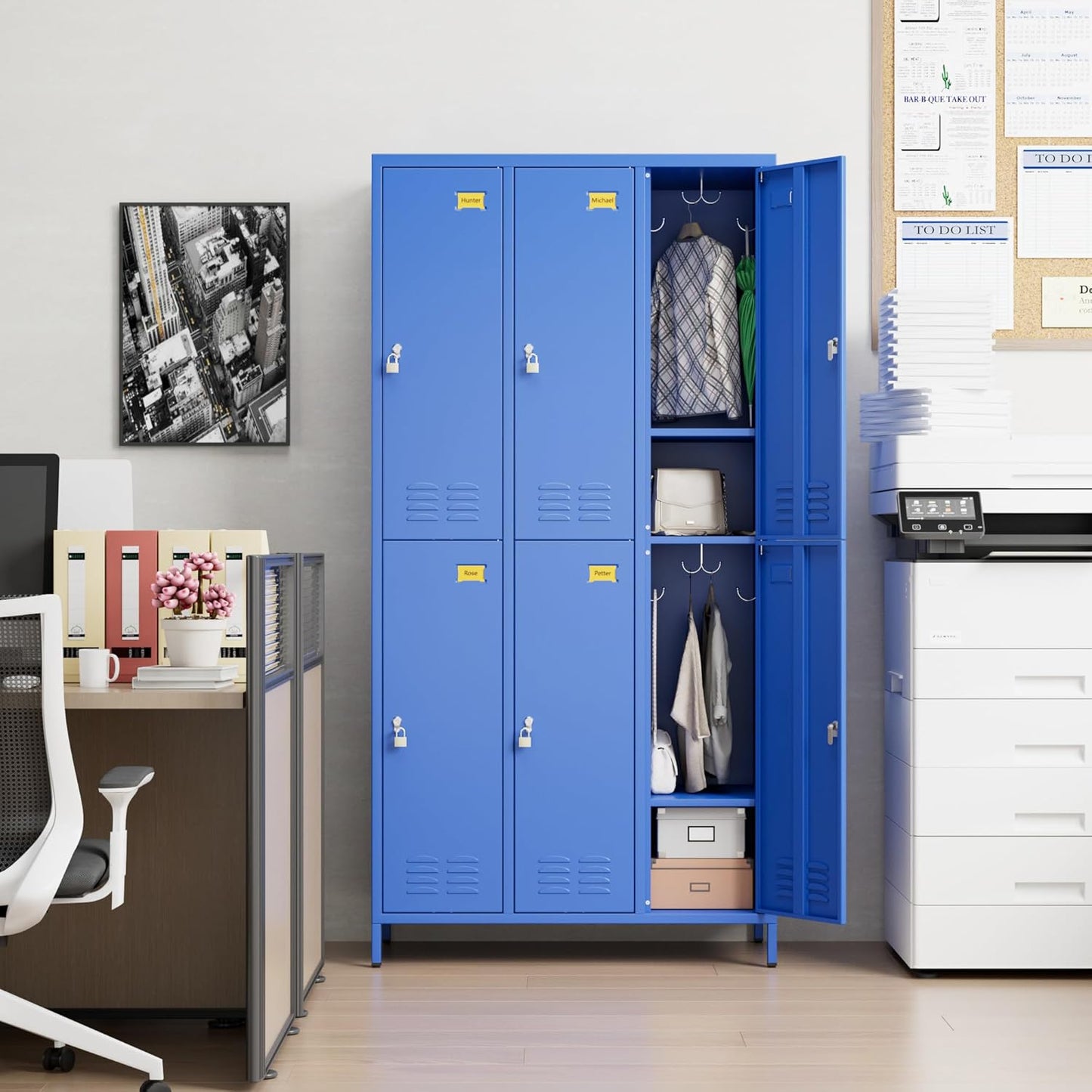 6 Doors Metal Locker for Employees with 18 Hooks and Business Card Holder,Metal Locker with Ventilation Holes for School Garage Office Gym Home,Assembly Required,Blue