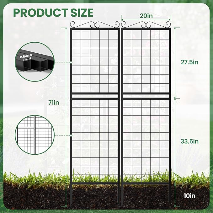 2 Pack 71 Inch Metal Garden Trellis for Climbing Plants, Thickened Square Tube Metal Garden Trellis for Vines Plant Rose Vegetable Support,Large Decorative Outdoor Trellis