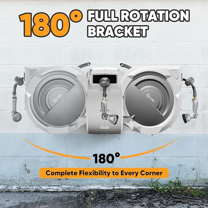 Retractable Garden Hose Reel, 5/8 in x 110FT Heavy Duty Auto Hose Reel Wall Mounted, Upgraded UV Resistant with 10 Pattern Nozzle, Any Length Lock & Slow Return System, 180°Swivel Bracket, Light Grey